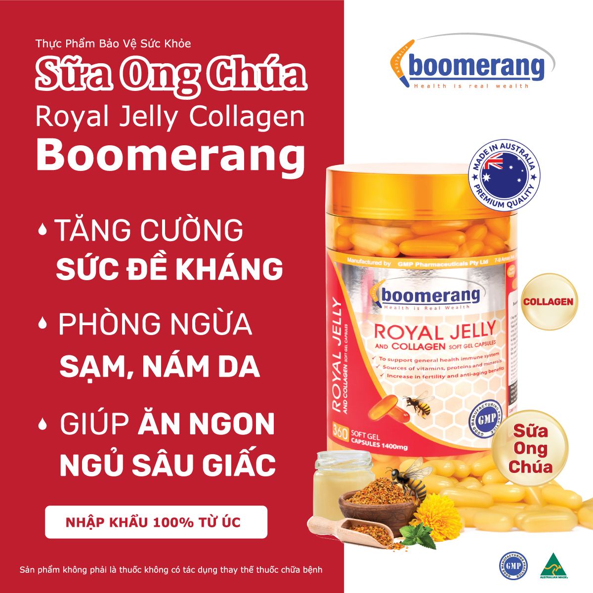 thực phẩm chức năng viên uống sữa ong chúa và collagen 1400mg boomerang royal jelly bm 02 - 120 viên 1