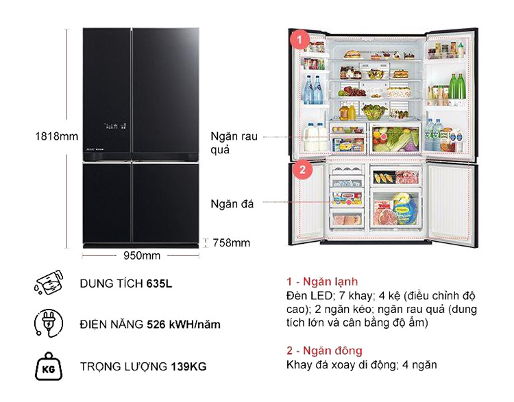 Tủ Lạnh Inverter Mitsubishi Electric MR-L78EN-GBK (635L) - Hàng chính hãng