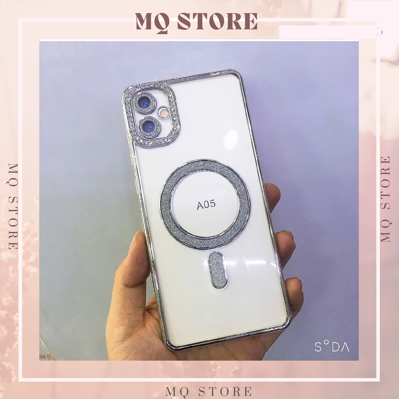 Ốp lưng cho Samsung A05 viền màu đính đá, vòng sạc không dây kim tuyến sang trọng ( hàng chính hãng)