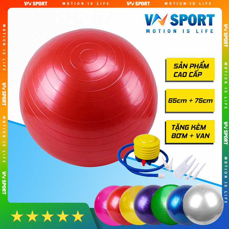 Bóng Tập Yoga Trơn Bóng VNS016, Bóng Tập Yoga 65cm Và 75cm Tặng Kèm Bơm Và Bộ Khóa Van Dự Phòng, Hàng Chính Hãng