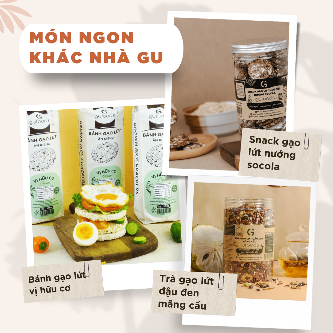 Snack gạo lứt ngũ cốc nguyên hạt GUfoods - Không đường, Không chiên dầu, Không gluten, Thanh đạm, Lành mạnh, Phù hợp Eat clean, Ăn vặt healthy, Tiện lợi, Thuần chay