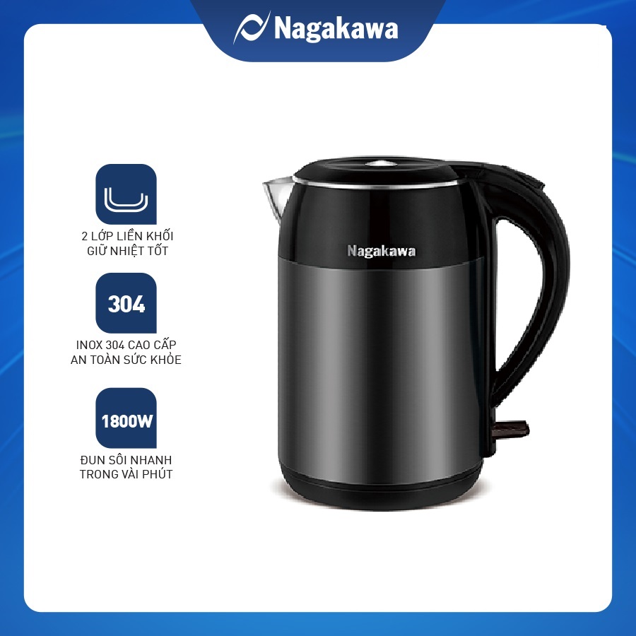 Bình Đun Siêu Tốc 2 Lớp Nagakawa NAG0315 1.8 Lít - Đen - Hàng Chính Hãng