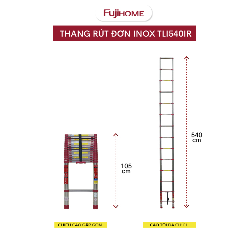 Thang Inox rút đơn 3.8M-5.4M xếp gọn Nhập Khẩu FUJIHOME, thang rút gọn chữ I đa năng chốt khóa tự động an toàn chân chống trơn trượt - Hàng chính hãng