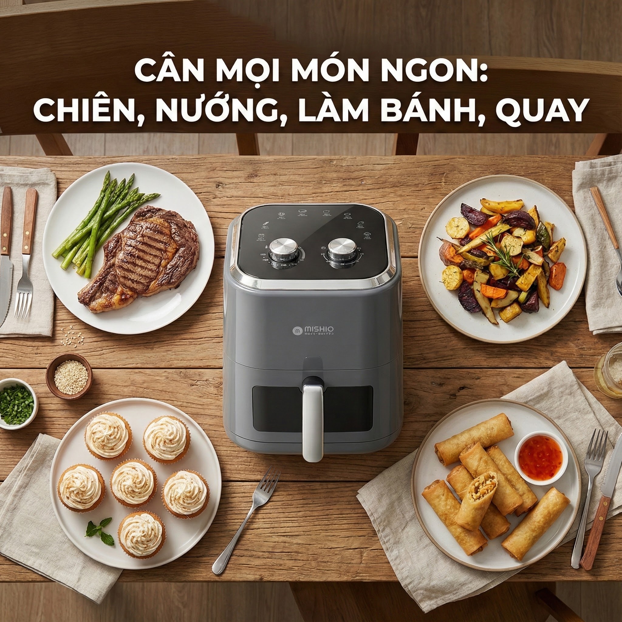 Nồi chiên không dầu 6L Mishio MK408 – Màu Xám Sang Trọng, Bảo Hành 24 Tháng - hàng chính hãng