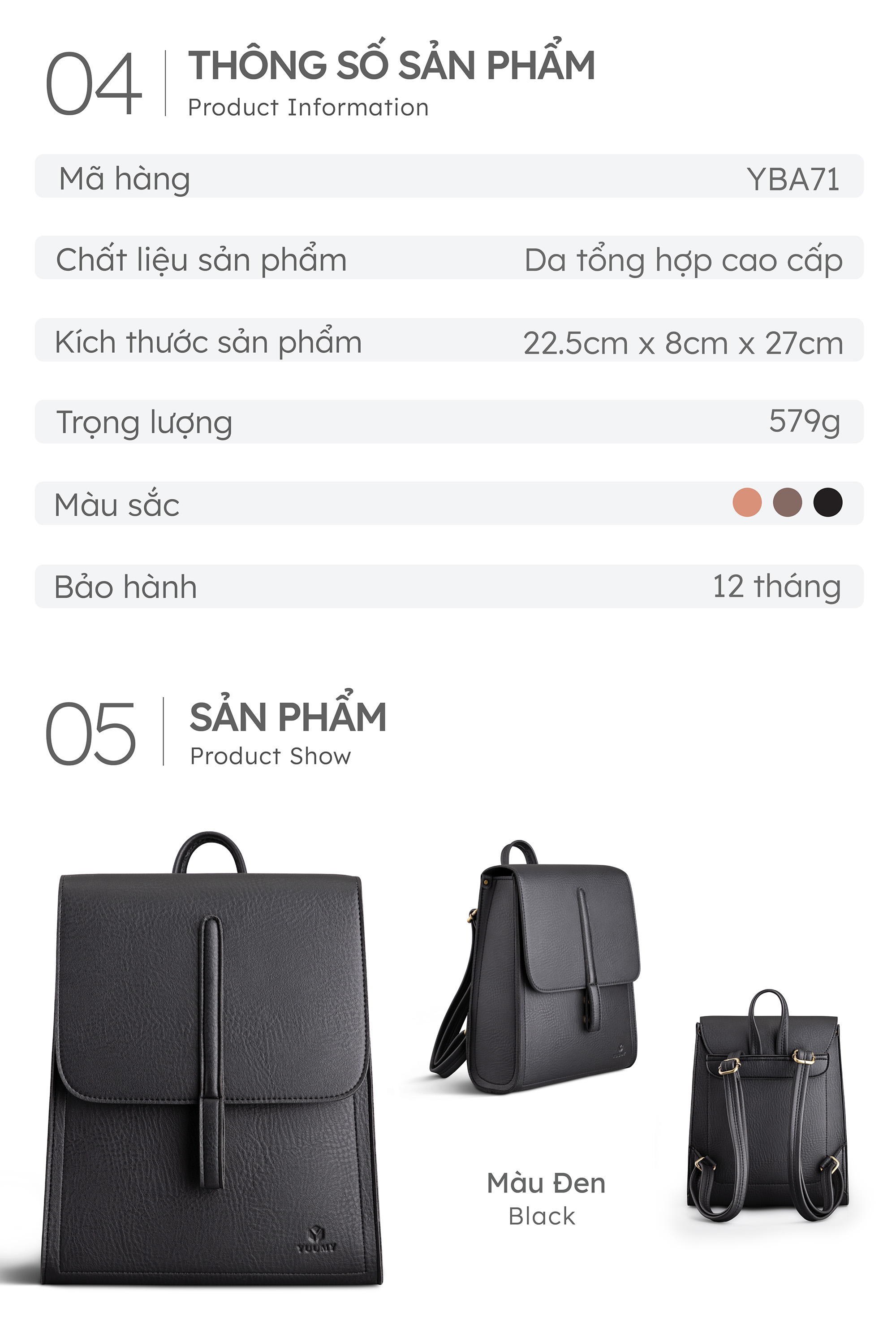 Balo Yuumy ( Thời trang nữ nắp gập tiện lợi cỡ trung - Balo da Seasand YBA71 )