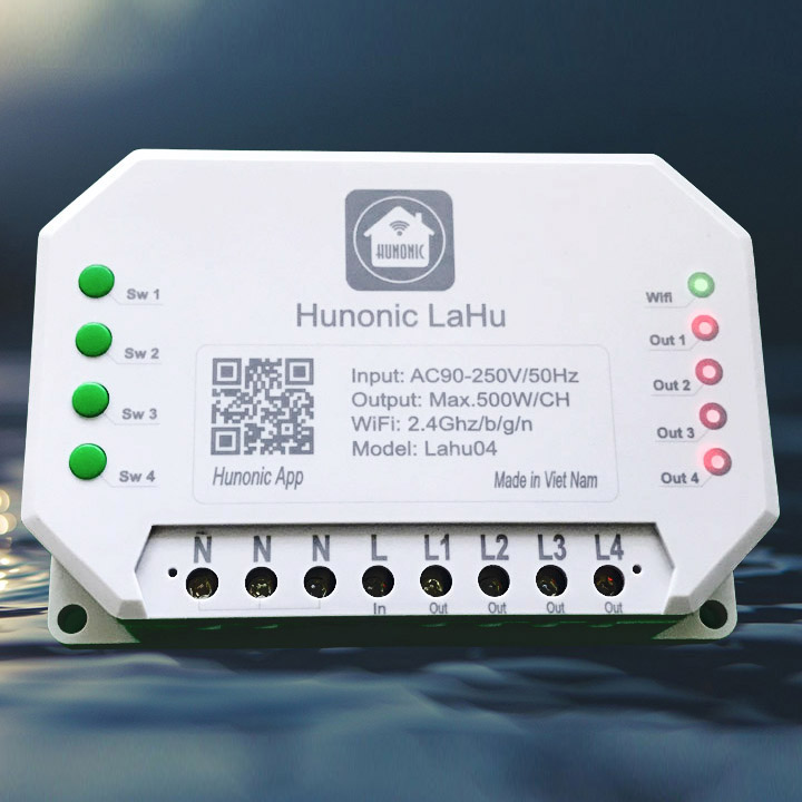 Công tắc điều khiển từ xa bằng điện thoại Hunonic Lahu 4 kênh 500W/kênh + Hẹn giờ thông minh | Công nghệ 4.0