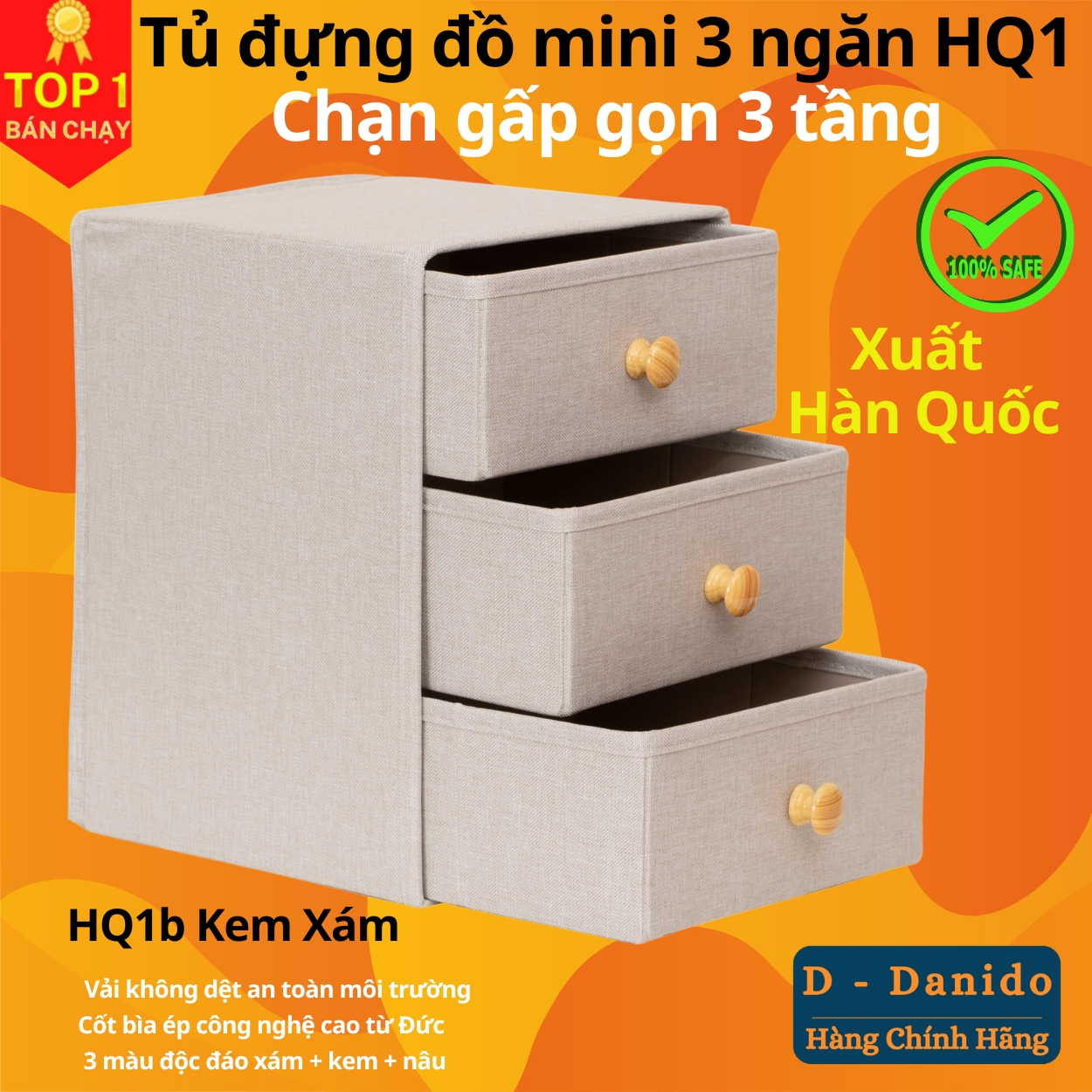 Tủ đựng đồ mini 3 ngăn HQ1 phong cách Hàn trang nhã – Hộp vải đựng đồ đa năng 3 tầng Hàn Quốc chính hãng