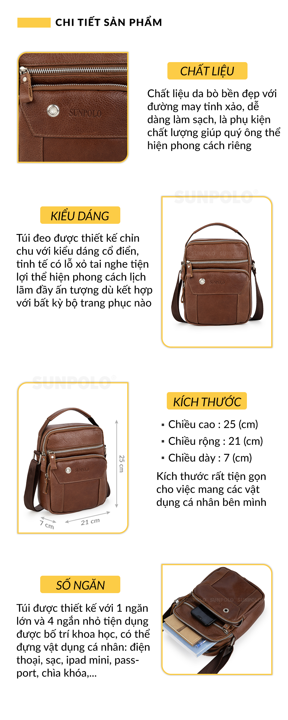 Túi Nam Đeo Chéo Da Thật SUNPOLO STU109 (Nâu)