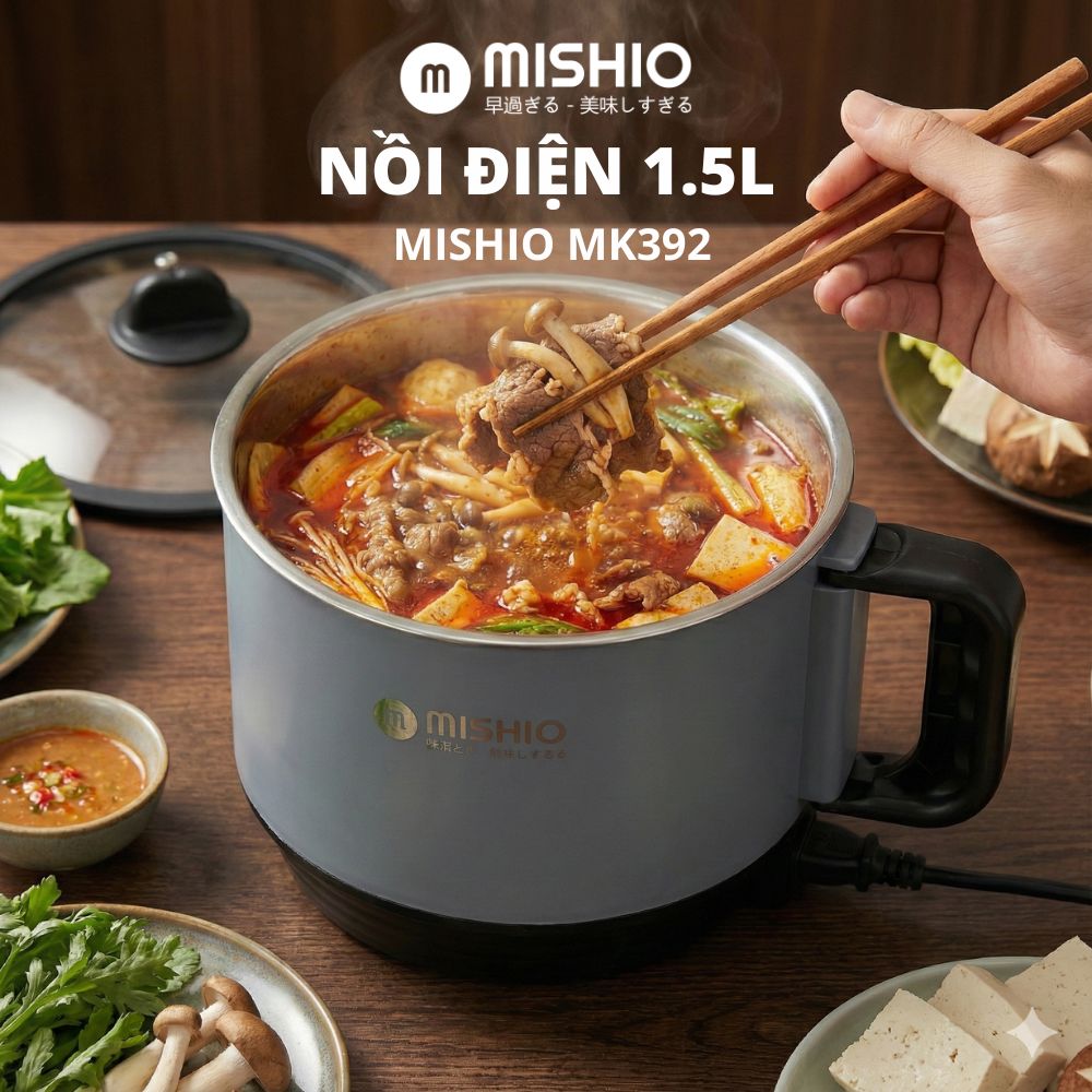 Nồi Lẩu Điện Mini 1.5L Mishio MK392 600W lòng nồi inox 304 không gỉ sét - hàng chính hãng