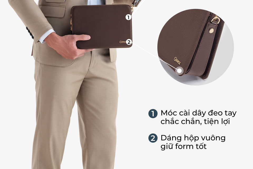 Ví Cầm Tay Clutch Da Nam Hàng Hiệu GENCE CK15 Da Bò Khóa Số Cao Cấp Màu Nâu