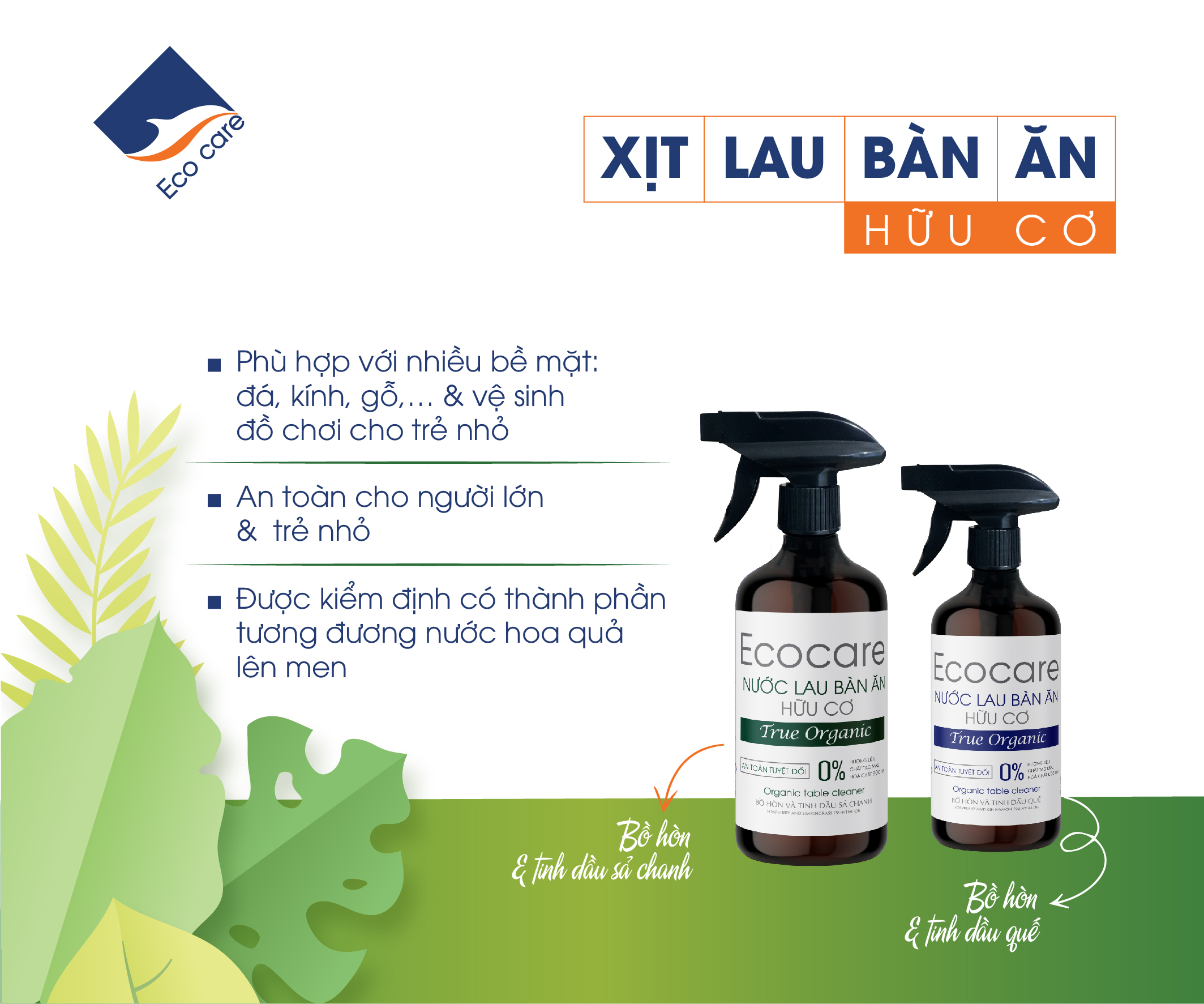 Xịt lau bàn ăn hữu cơ Bồ hòn tinh dầu Sả Chanh dung tích 500ml thương hiệu Ecocare