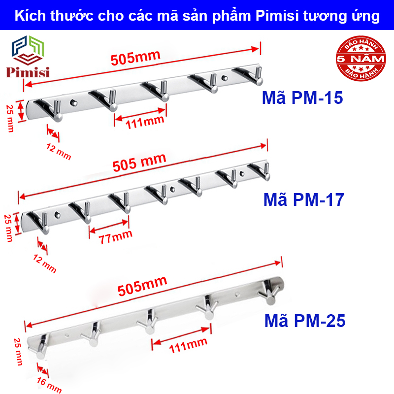 Kích thước móc quần áo Pimisi inox 304;