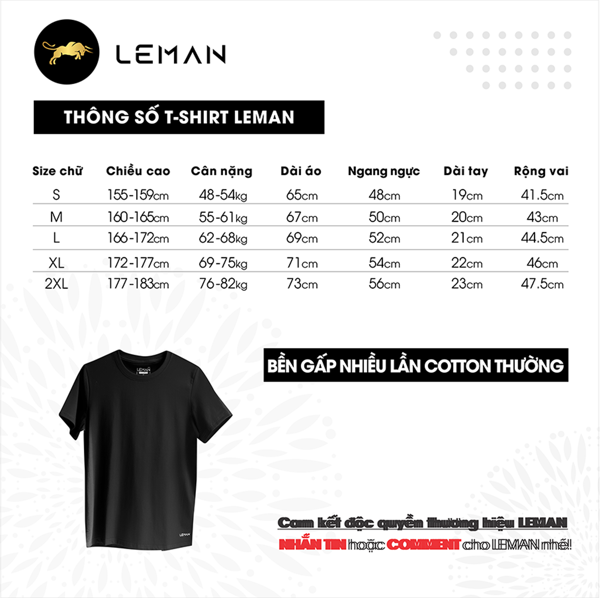 Áo thun nam T-Shirt Leman Cotton Compact màu đen Regular Form 