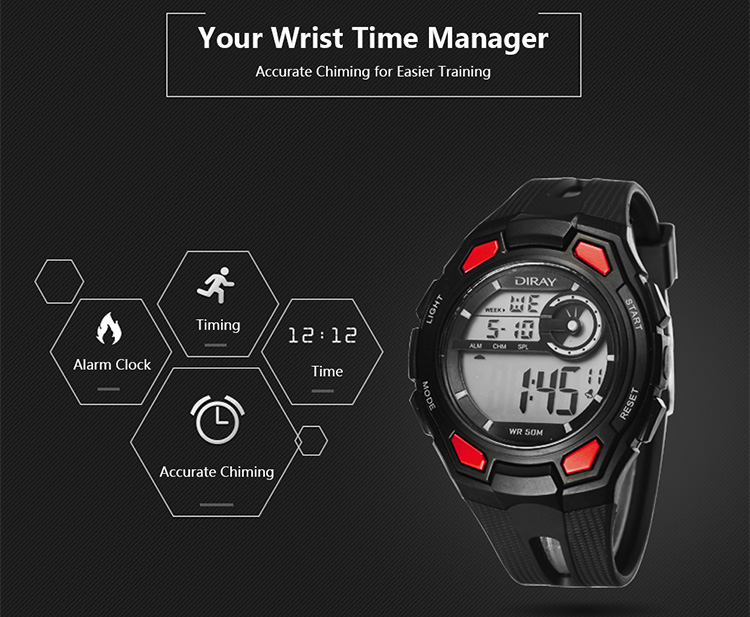 DIRAY 50M Water-resistant Large Dial Digital Men Watches Sport Wristwatches Luminous Military Relogio Masculino