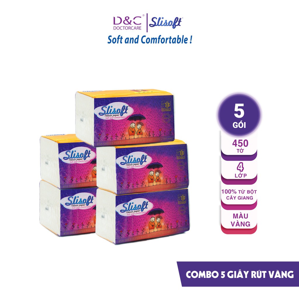 Combo 5 Giấy ăn Slisoft Vàng x 450 tờ Đa Năng, Khăn Giấy Rút Không Chất Tẩy Trắng An Toàn Cho Cả Gia Đình