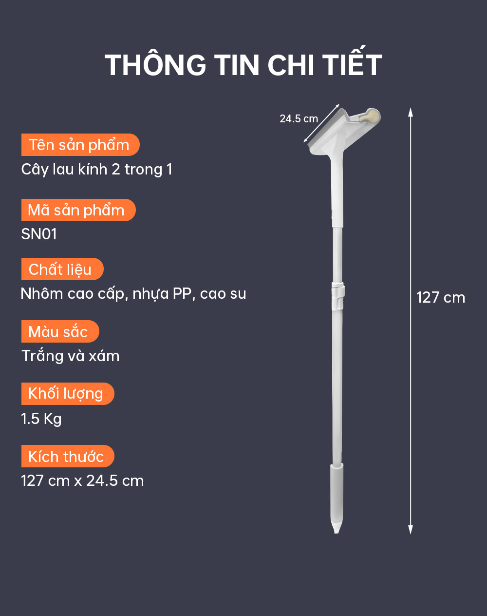 Cây lau kính, gạt chùi kính đa năng 2 đầu trong 1 - Parroti Shiny SN01