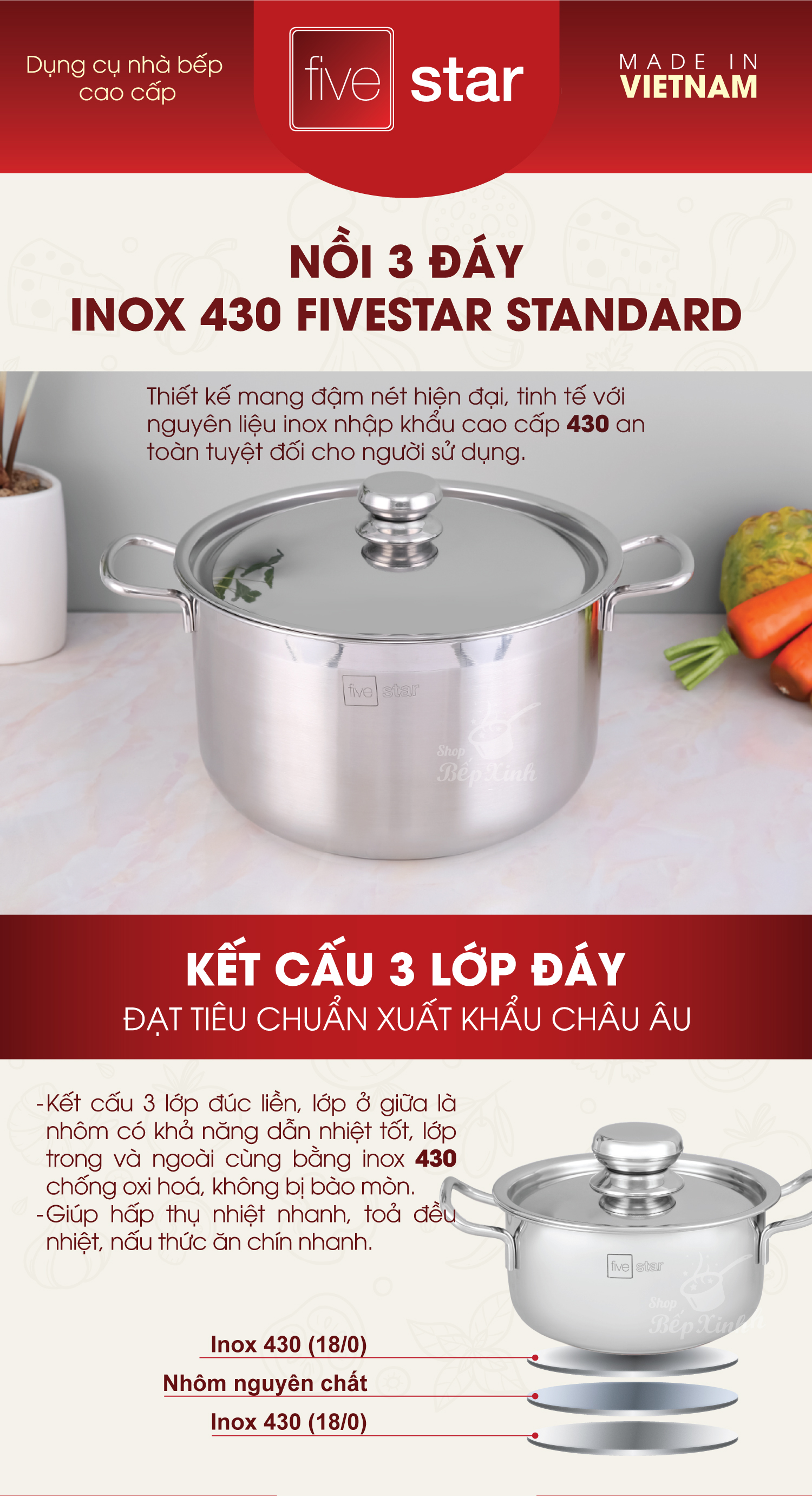 Nồi Luộc Gà Inox 3 Đáy Inox Fivestar  , tặng 1 vá canh