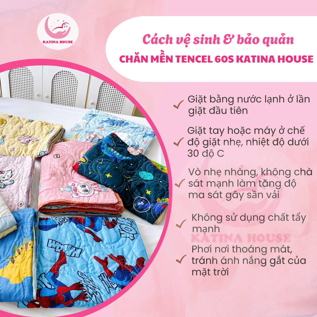 Chăn cho bé đi học Katina House 1m2x1m4, vải tencel 60s mềm mượt mát lạnh