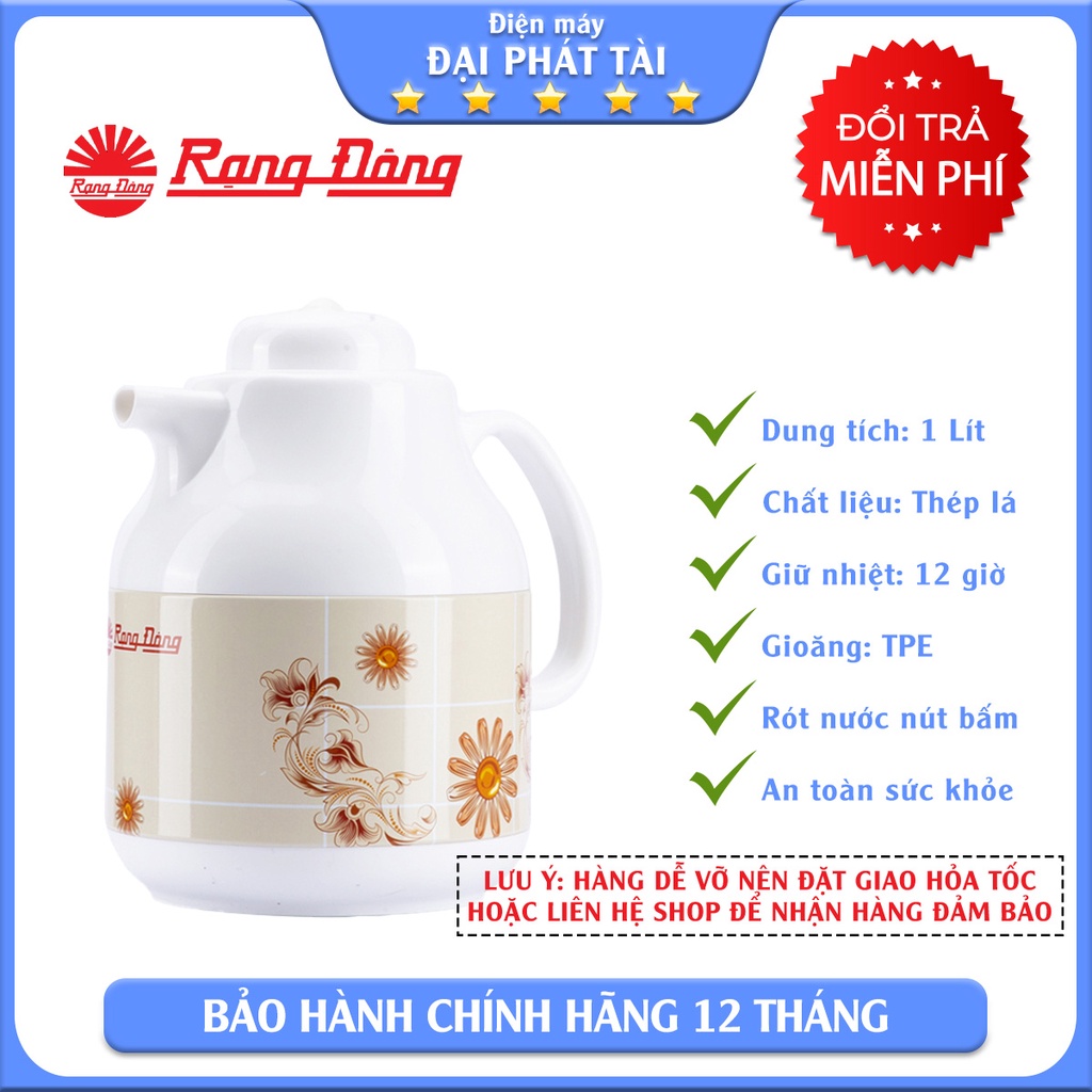 Phích pha trà cao cấp Rạng Đông, 1 lít, giữ nhiệt, thân sắt, vai nhựa, Model: RD-1055TS- Chính hãng