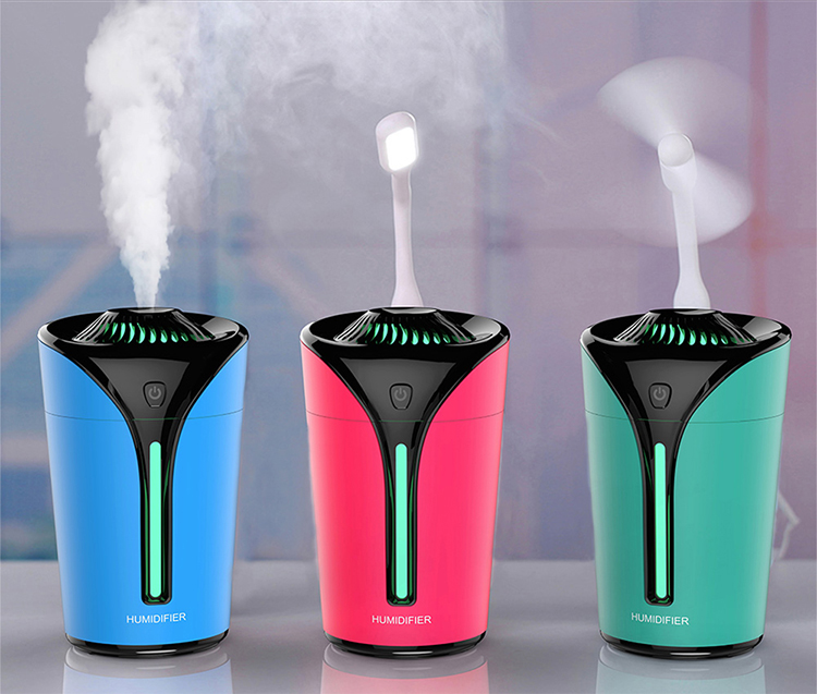 3 in 1 small fan flame cup shaped humidifier Light Colorful Lamp USB Mini Air Purifier Home Office (Blue)
