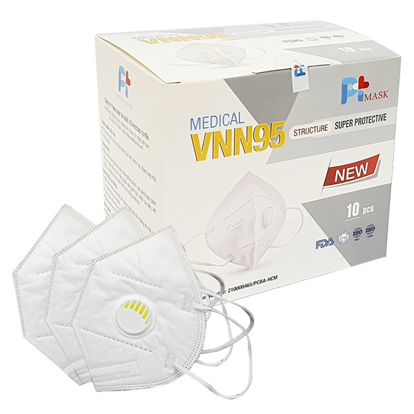 Khẩu Trang Y tế VNN95 PT Mask, 5 Lớp, Có Van Thở, kháng Khuẩn, Chống Bụi Siêu Mịn PM2.5, Màu Trắng - Đạt Các Chứng Chỉ ISO 13485, ISO 9001, CE, FDA.
