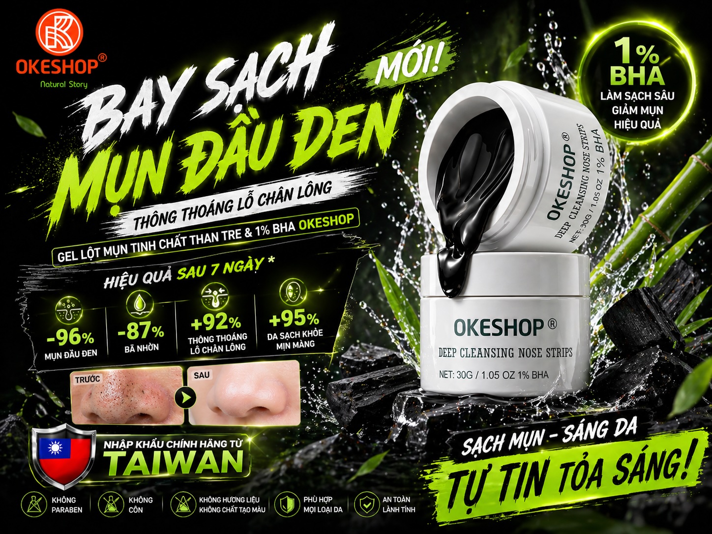 Gel Lột Mụn Than Tre Hoạt Tính OKESHOP 30ml - Giải Pháp Loại Bỏ Mụn Đầu Đen - Mụn Cám - Bạ Nhờn - Làm Sạch Sâu Và Thu Nhỏ Lỗ Chân Lông