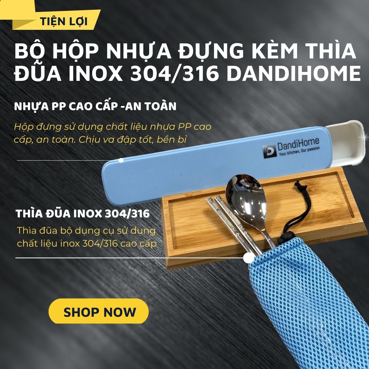 Bộ hộp nhựa đựng kèm thìa đũa inox 304/316