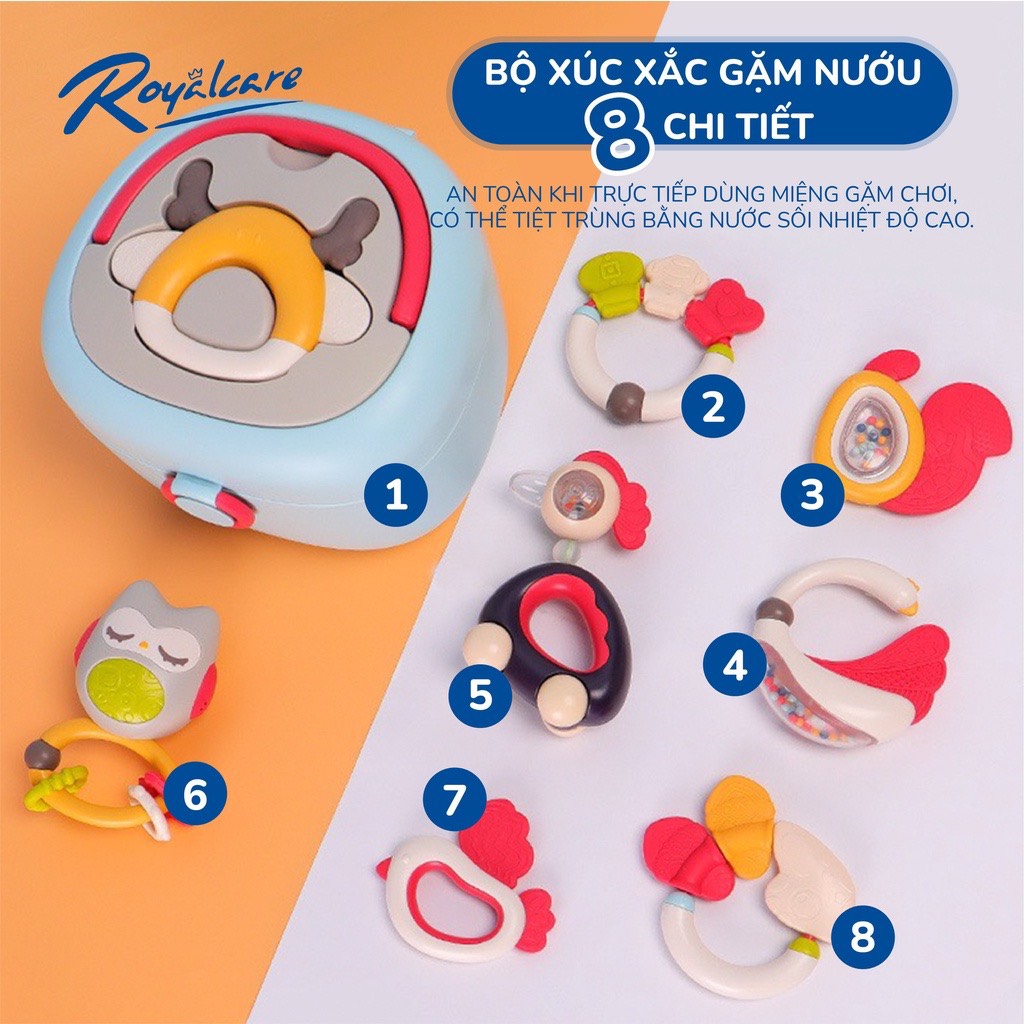 Đồ chơi xúc xắc gặm nướu 8 món có hộp đựng RoyalCare 822-493-S8 màu sắc đáng yêu,âm thanh vui tai, thich thú