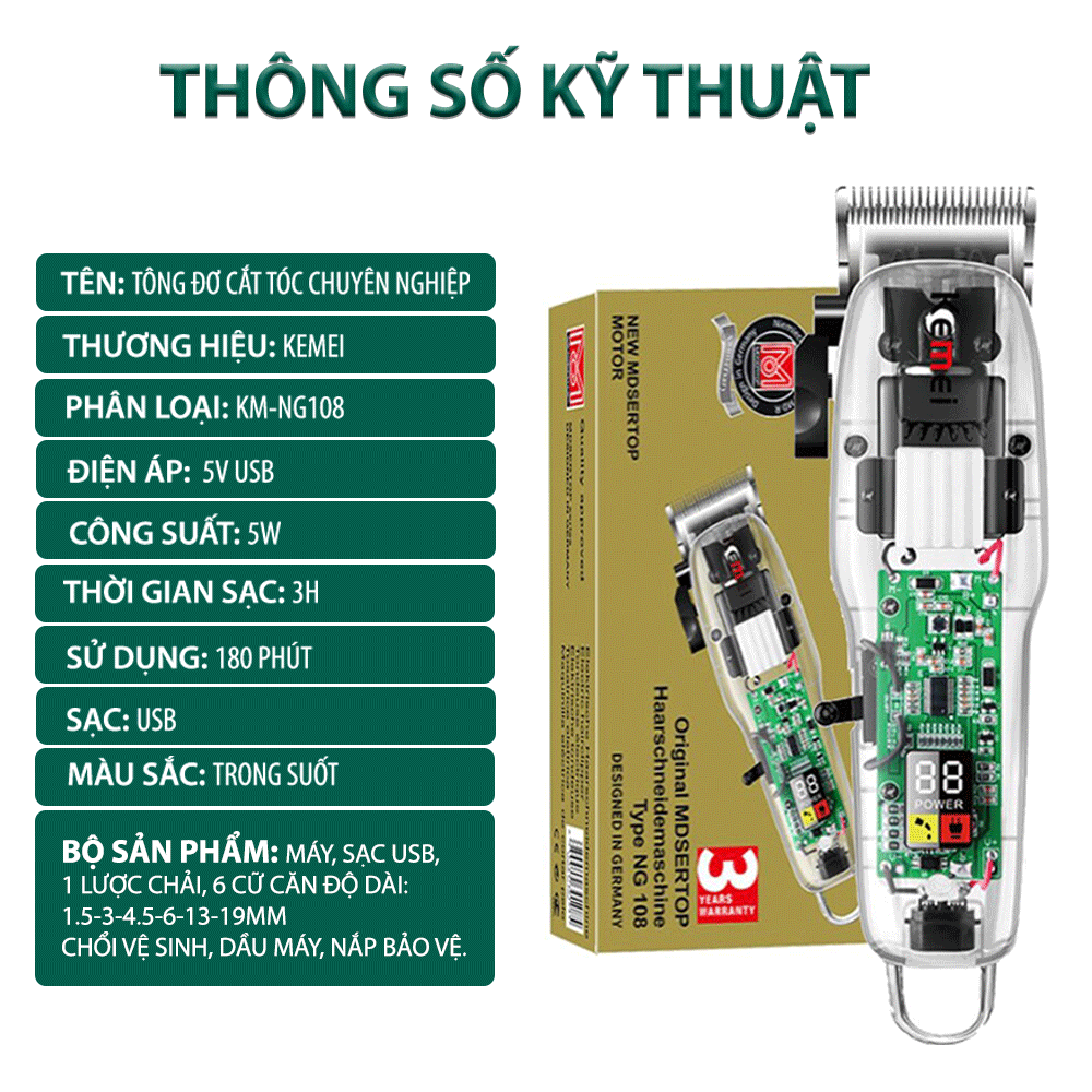 Tông đơ cắt tóc chuyên nghiệp Kemei KM-NG108 màn hình LCD hiển thị phiên bản thấy mạch công suất mạnh dùng sạc USB pin trâu sạc nhanh, kèm 6 cữ lược căn độ dài và phụ kiện đầy đủ - Hàng chính hãng