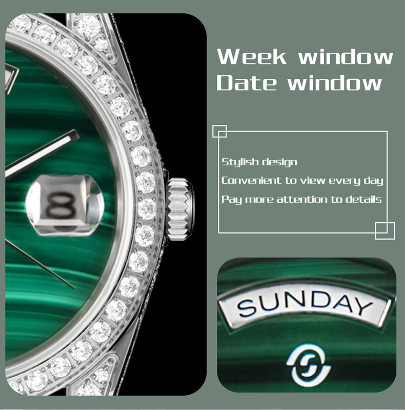 【START】Đồng hồ nam đá khổng tước tự nhiên（Malachite）đồng hồ kim cương chức năng hiển thị thứ ngày  đồng hồ cơ tự động dây da cá sấu Khóa bướm
