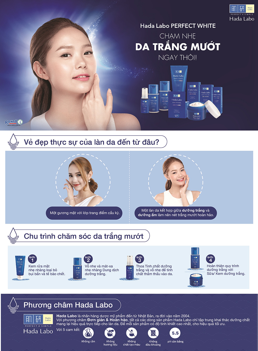 Bộ sản phẩm dưỡng trắng da tối ưu Hada Labo Perfect White (Kem rửa mặt 80g + Dung dịch dưỡng 100ml + Kem dưỡng 50g)