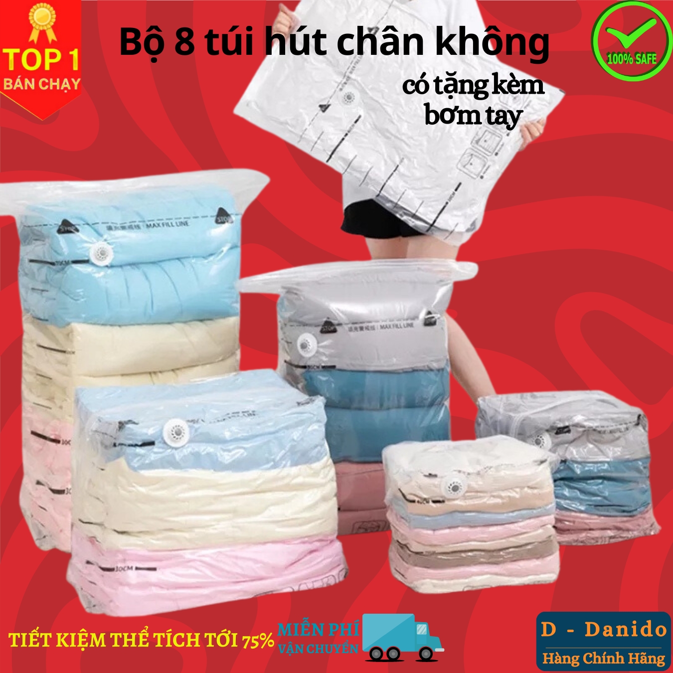 Combo 8 túi hút chân không cao cấp đựng quần áo, chăn màn, gối mềm nhiều cỡ - Chính hãng D Danido