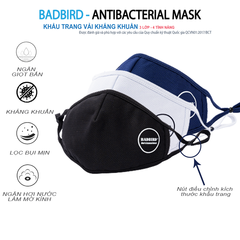 Khẩu Trang Vải Y Tế Kháng Khuẩn Cao Cấp BADBIRD 3 Lớp 4 Tính Năng, Antibacterial Mask, Thương hiệu Việt