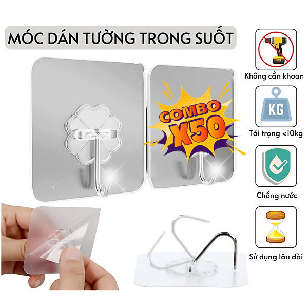 Combo 10 Móc Dán Tường Chịu Lực Dán Tường Treo Nhà Tắm Nhà Bếp Siêu Dính Trong Suốt