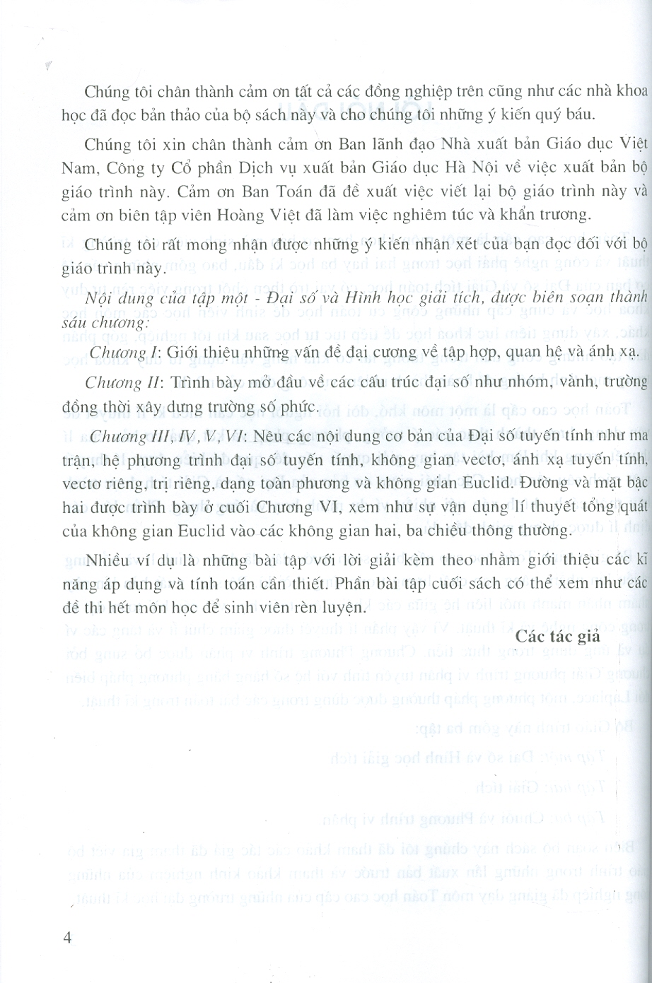 Toán Học Cao Cấp, Tập 1: Đại Số Và Hình Học Giải Tích (Tái bản lần thứ tư, năm 2024)- GS.TS. Nguyễn Đình Trí (Chủ biên), PGS. TS. Trần Việt Dũng, PGS. TS. Trần Xuân Hiển, PGS. TS. Nguyễn Xuân Hào