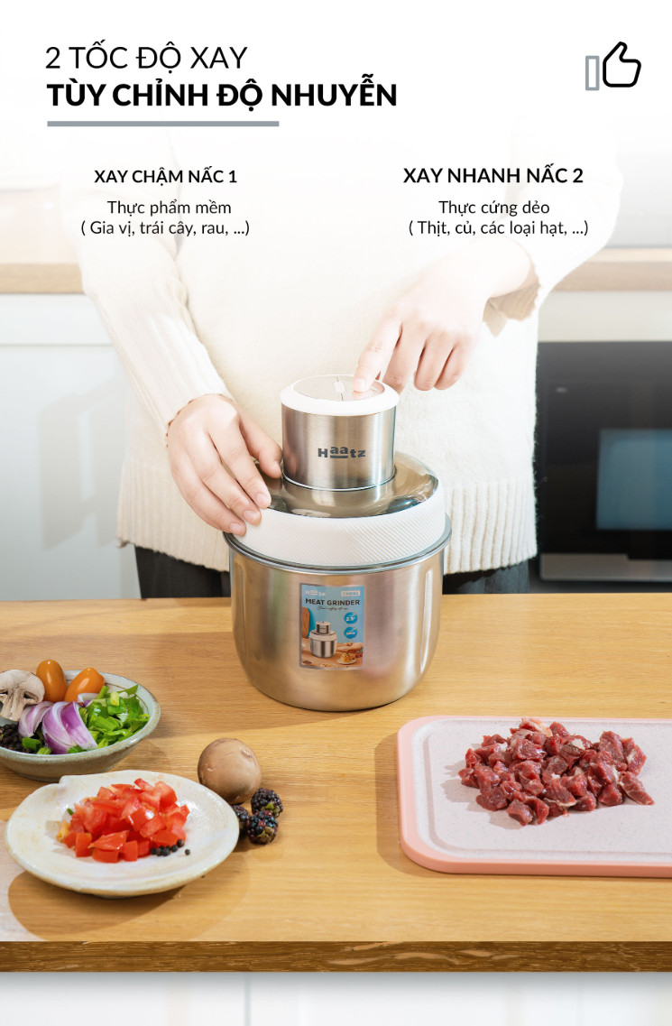 Máy Xay Thịt Haatz HMG168 (CIM382) - Cối inox 2,5L Cối Thủy Tinh 0,6L - 500W Kèm Phụ Kiện Đánh Ruốc - Hàng Chính Hãng Bảo Hành 2 Năm