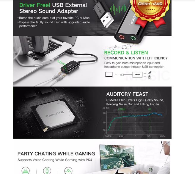 Dây USB 2.0 UGREEN US205 mở rộng sang đồng thời 2 cổng 3.5mm cho tai nghe + mic (DISABLE) - Hàng chính hãng