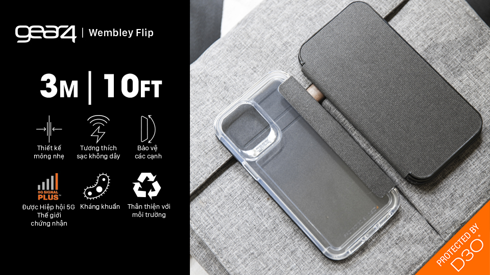 Ốp lưng Gear4 Wembley Flip iPhone - Công nghệ chống sốc độc quyền D3O, kháng khuẩn, tương thích tốt với sóng 5G - Hàng chính hãng