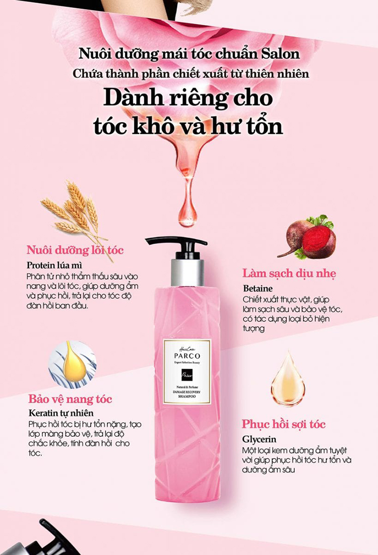 Combo Dầu Gội (Hồng) + Tinh chất +Dầu Xả Parco Dưỡng Tóc Chắc Khỏe-Phục hồi mềm mượt
