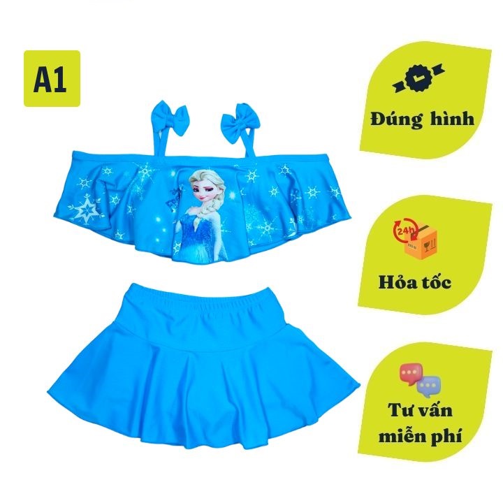 đồ bơi hai mảnh cho bé gái hình elsa từ 10-39kg -quần giả váy tạo kín đáo - áo 2 dây kẹp nơ chân váy 1