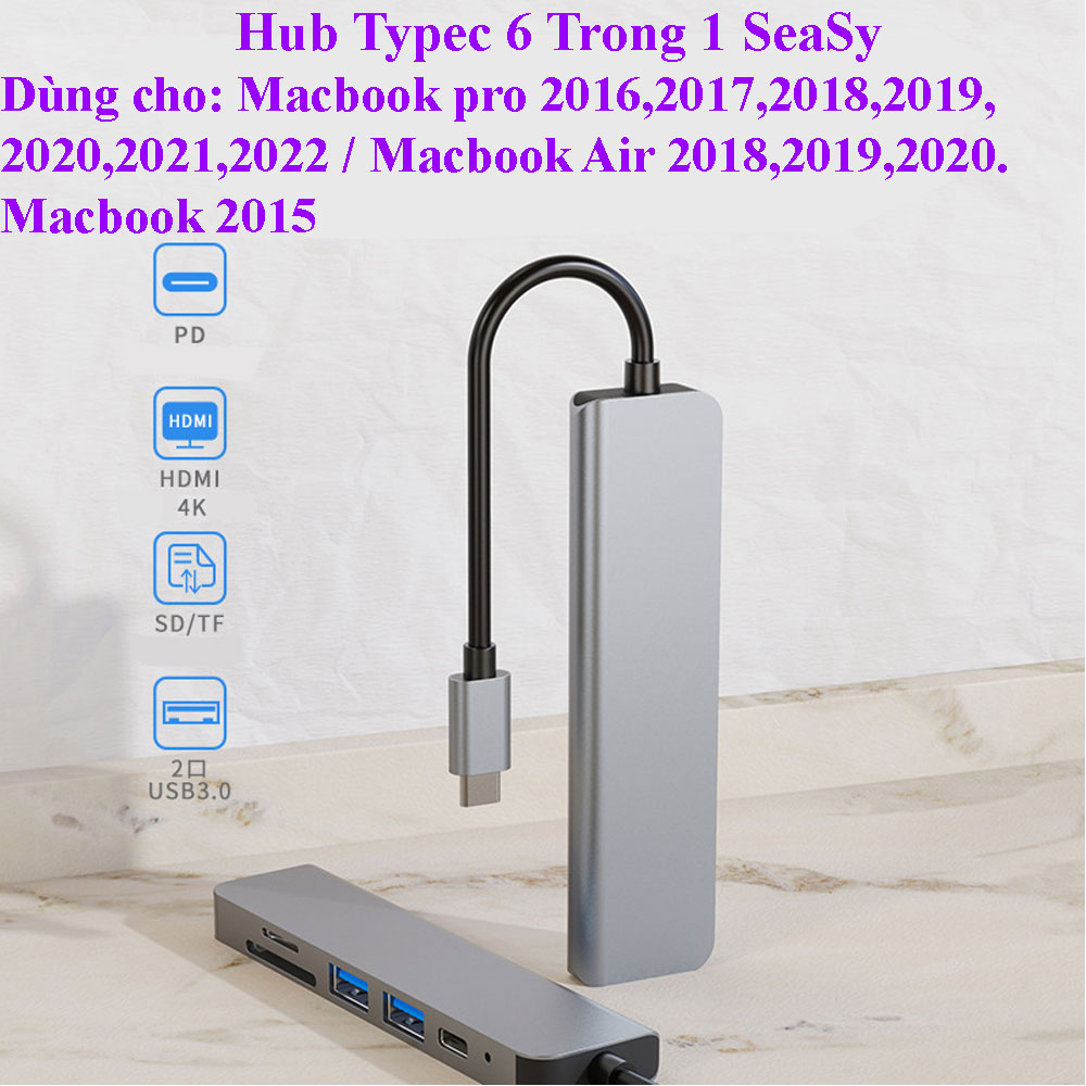 Hub Chuyển Đổi USB TypeC 6 Trong 1 SeaSy BYL-2010, Cổng Chuyển Đổi TypeC to HDMI, 1 Cổng HDMI 4k, 2 Cổng USB, 1 Cổng Sạc PD, 2 Khe Thẻ Nhớ SD/TF, Kết Nối Hầu Hết Thiết Bị, Dùng Cho Macbook/Ipad/Surface/Laptop/Điện Thoại/Nintendo Switch – Hàng Chính Hãng