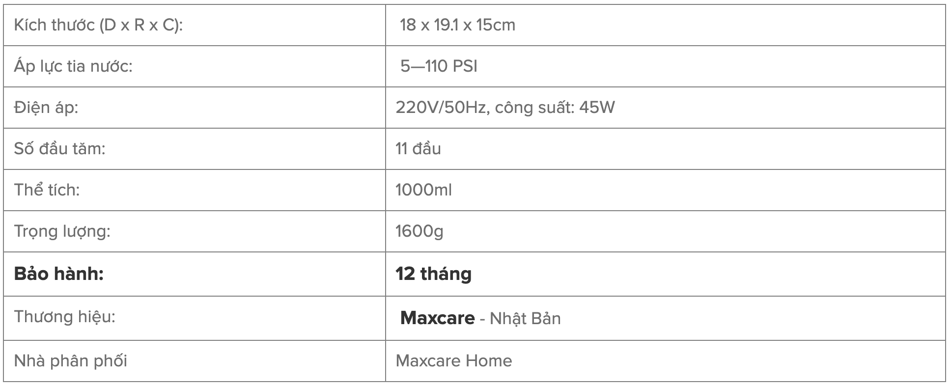 Thông số kỹ thuật Máy tăm nước gia đình Maxcare Max456L