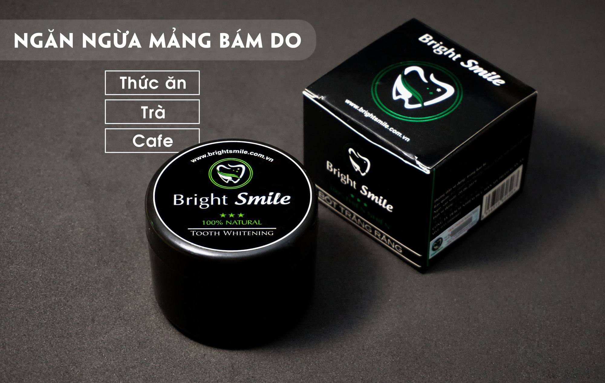 Bột tẩy trắng răng than tre Bright Smile tẩy sạch các vết ố vàng, thơm miệng - Hũ lớn 100g