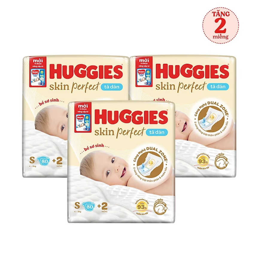 Combo 3 gói Tã/bỉm dán sơ sinh Huggies Skin Perfect  S 80+2 miếng với 2 vùng thấm giảm kích ứng da