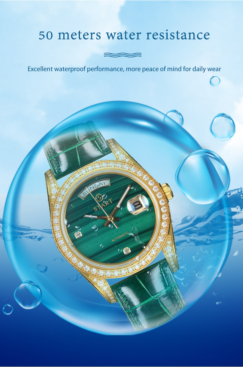 【START】Đồng hồ nam đá khổng tước tự nhiên（Malachite）đồng hồ kim cương chức năng hiển thị thứ ngày  đồng hồ cơ tự động dây da cá sấu Khóa bướm