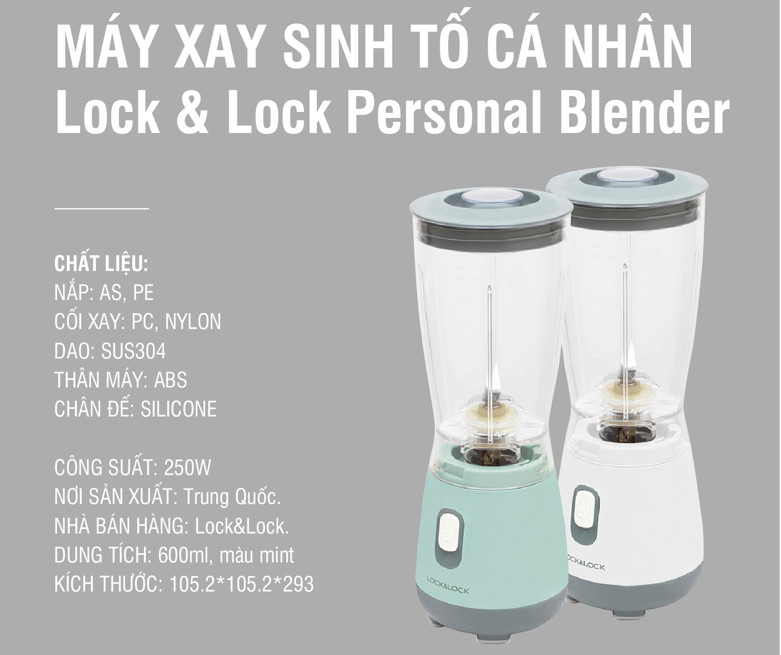 Máy xay sinh tố Lock&Lock 600ml Personal Blender màu xanh mint EJM436MIT - Hàng chính hãng, thao tác 1 chạm, lưỡi xay bén - JoyMall