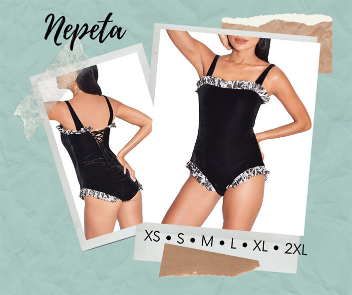 Đồ tắm, đồ bơi nữ một mảnh, hai dây nhung đen phối họa tiết ren da rắn thời trang cao cấp Nepeta (42-70Kg) chính hãng Paradise Island