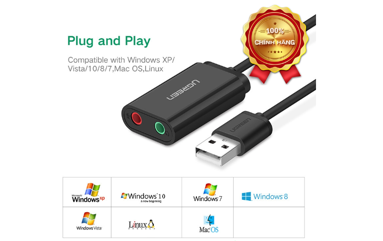 Dây USB 2.0 UGREEN US205 mở rộng sang đồng thời 2 cổng 3.5mm cho tai nghe + mic (DISABLE) - Hàng chính hãng