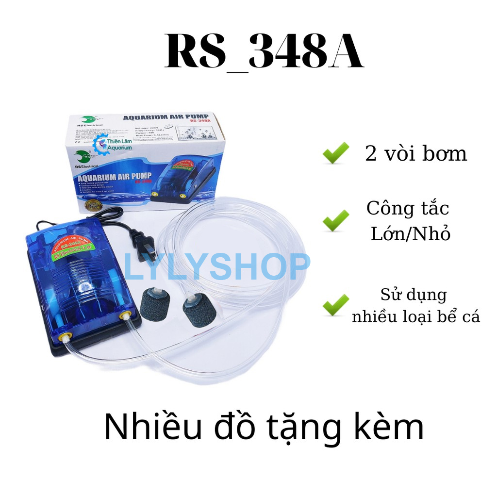 Máy Sủi Khí Oxy 2 Vòi RS 348A tặng kèm 2 bộ dây quả sủi (Máy sục khí oxy dùng cho bể cá cảnh dưới