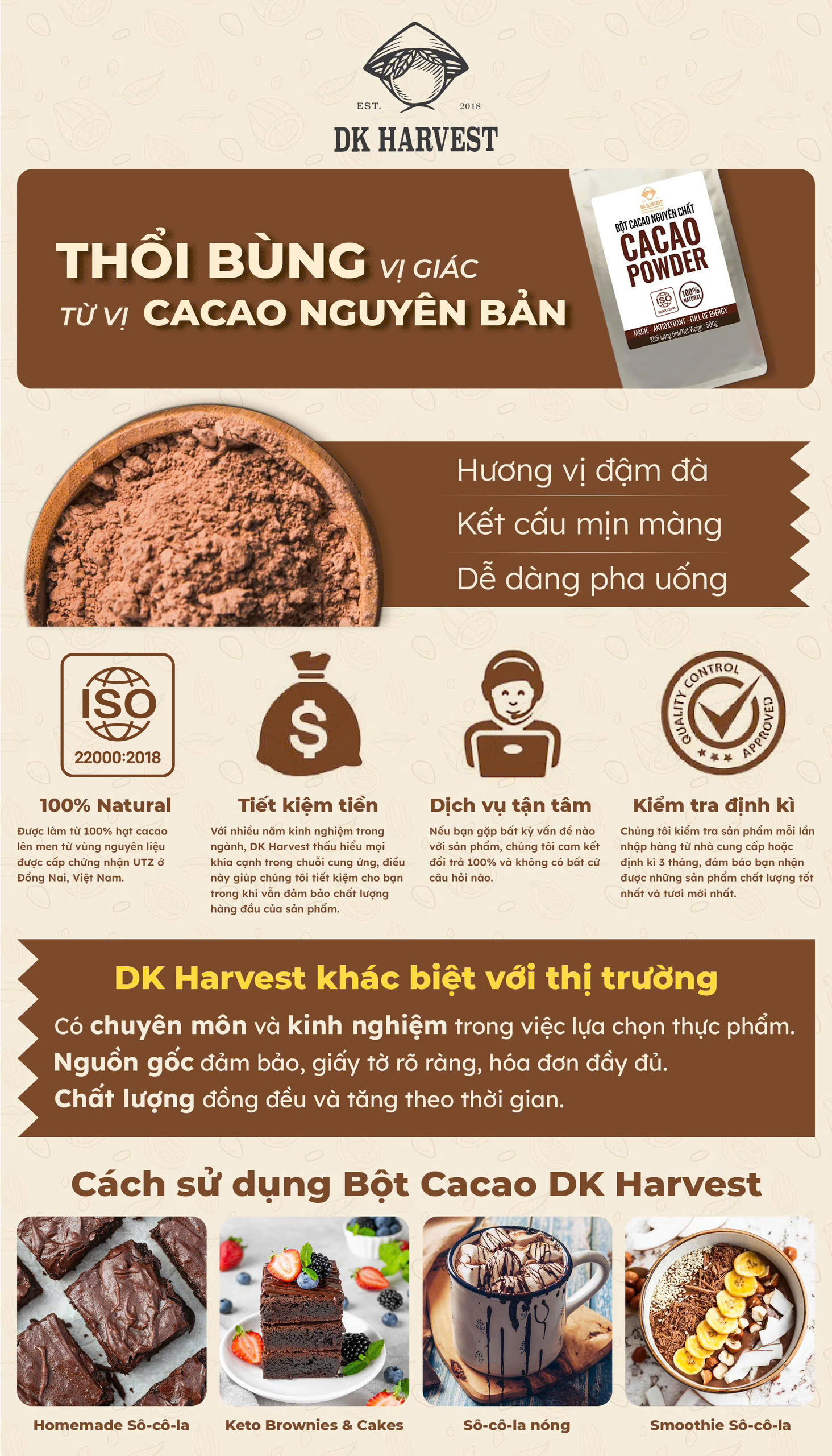 Bột Cacao Nguyên Chất DK Harvest - Chuẩn ISO22000:2018, 11-13% Bơ Cacao | Đậm Vị, Giàu Chất